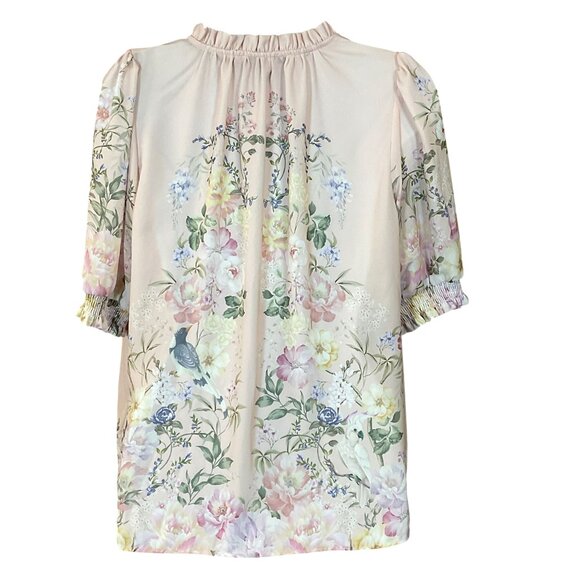 Cupcakes & Cashmere Short Sleeve Ruffle Neck Button Front Floral Blouse S NWT - Picture 3 of 9